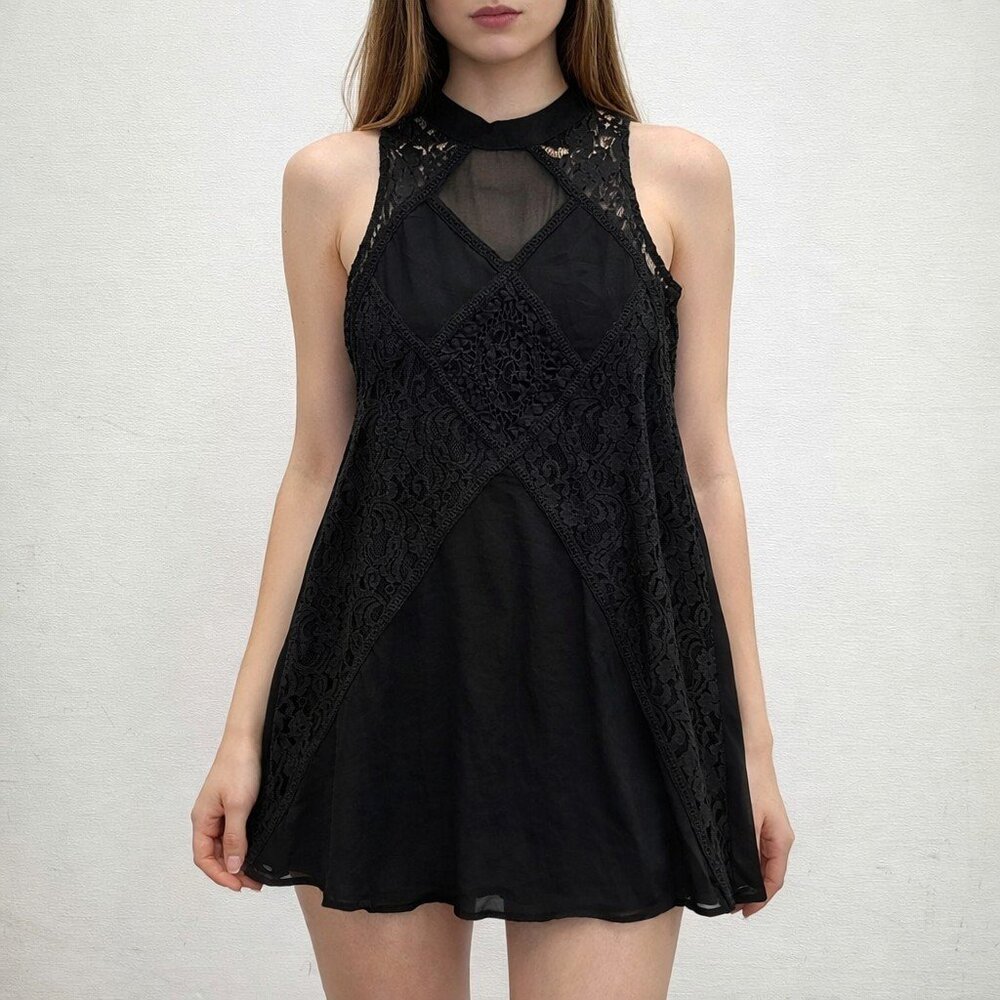 She + Sky Medium Angel Mini Dress Sheer Black Gauze Cotton Boho Crochet Lace